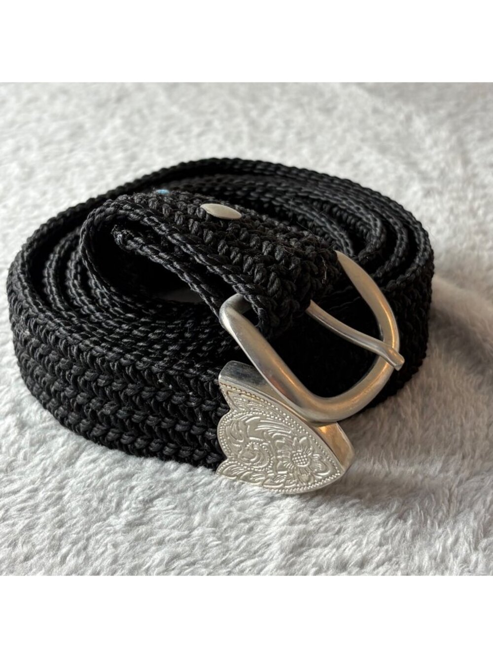 Handcrafted Black Braided Belt Silver Buckle Floral Engraving 1.5" Width 50" L